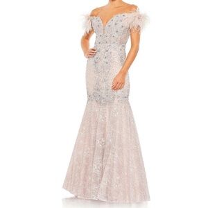 Ostrich Feather Off the Shoulder Lilac Evening Gown by MacDuggal. Sz. 10